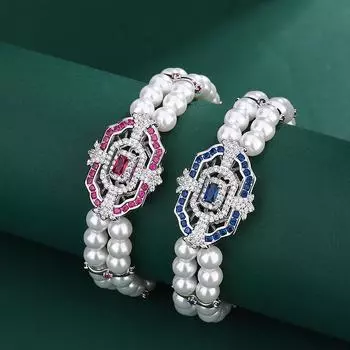 Винтажный браслет с двумя рядами жемчуга, красным корундом, синей шпинелью и квадратными бриллиантами Y546