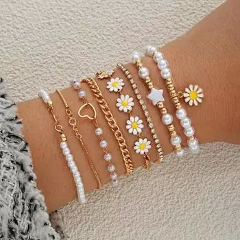 Винтажный браслет с подвеской в виде цветка ромашки для женщин, богемные браслеты с эмалью и бисером, звездой и сердцем, жемчугом, модные ювелирные изделия, подарки
