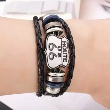 Винтажный браслет с рисунком US Route 66, мужской браслет, металлический многослойный кожаный браслет, аксессуары, новые украшения для вечеринок чёрный