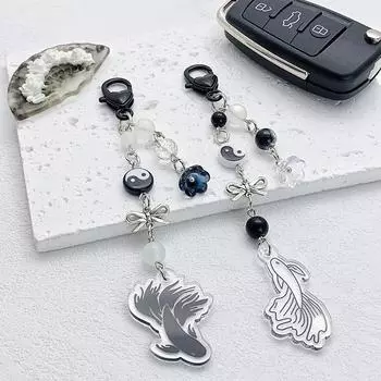 Винтажный брелок в виде рыбы кои в китайском стиле, простой акриловый брелок в виде карпа, милый, крутой, с бусинами, модный брелок для сумки, кулон, подарок для пары белый