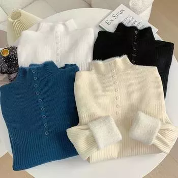 Винтажный цельный бархатный свитер с длинными рукавами, женский осенне-зимний новый элегантный пуловер с высоким воротом, корейская версия, бархатная подкладка, нижняя часть рубашки, топы S чёрный