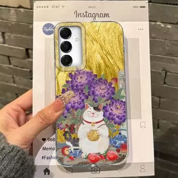 Винтажный чехол с цветами и кошкой для Samsung A56 A16 A17 S24 S25 FE Xiaomi Redmi Note 14 13 Pro 14C A5 Huawei Honor 400 200 Lite Pro iPhone 16 Противоударный чехол iPhone 16 зелёный