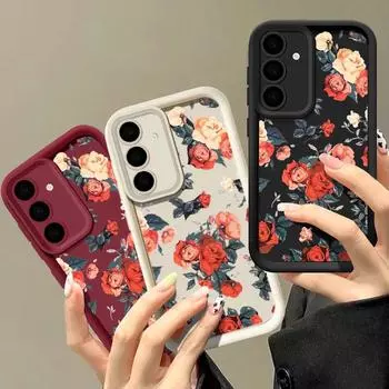 Винтажный чехол с принтом роз и ударопрочным узором для Samsung S24 FE S23 Ultra S22 A16 A55 A15 A35 A54 A25 A34 A14 Мягкий матовый защитный чехол для объектива из ТПУ Samsung S24 FE чёрный