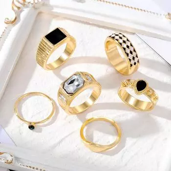 Винтажный черно-белый комплект колец в клетку Кольцо с искрой Элегантное праздничное кольцо для мужчин и женщин Набор из 6 предметов 2023 Новое благородное кольцо Роскошное богатое кольцо золотой