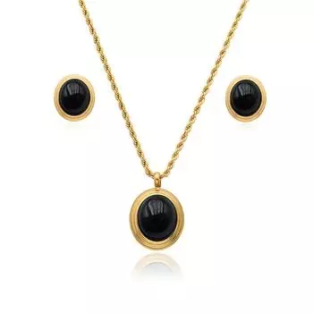 Винтажный черный белый камень нержавеющая сталь овальный кулон ожерелье горный хрусталь ключичная цепочка большие серьги циркон ювелирный комплект 45cm