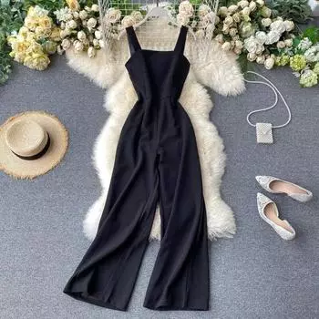 Винтажный черный комбинезон на бретельках High Street, женский однотонный повседневный модный комбинезон с открытыми плечами, женские элегантные уличные широкие брюки с открытой спиной S чёрный