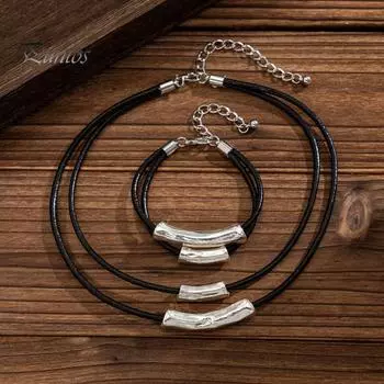 Винтажный чокер из искусственной кожи с металлическими бусинами, многослойный геометрический цилиндрический кулон, ожерелье из сплава для женщин и мужчин, повседневная одежда, подарок A