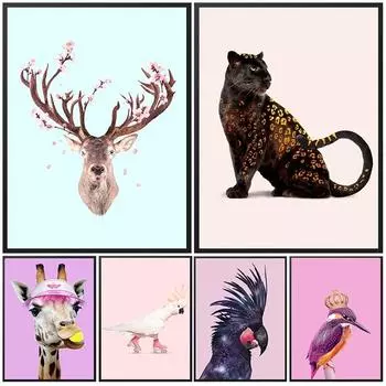 Винтажный цветной холст с изображением животных, олень, леопард, попугай, фламинго, ворона, сова, настенные художественные постеры и принт для дома, Декор в гостиную, без рамки 21*30cm