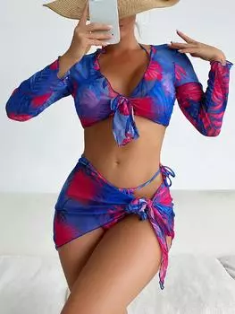 Винтажный цветочный принт, комплекты бикини из 4 предметов, 2024, женская сетчатая накидка с длинными рукавами и юбкой, купальник, купальный костюм, стринги, купальник S зелёный