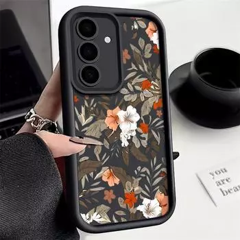 Винтажный цветочный принт матовый силиконовый чехол для телефона Samsung S24 FE S23 Ultra S22 S21 A55 A54 A34 A35 A14 A52 защита объектива мягкий TPU противоударный чехол Samsung S24 чёрный