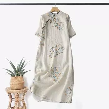 Винтажный цветочный принт миди чонсам ципао платье для женщин свободное платье в китайском стиле с коротким рукавом и карманами для свадьбы M белый