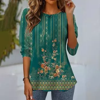 Винтажный цветочный принт, осенние новые женские футболки 2024 года, дизайнерская футболка с длинными рукавами, свободный свитер с круглым вырезом, женская одежда 2020 года S