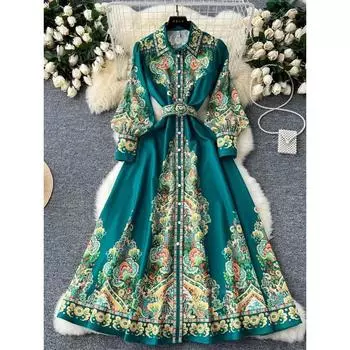 Винтажный цветочный принт зеленое вечернее платье женское отложной воротник длинный рукав-фонарик пуговицы пояс бохо халат Vestidos S темно-зеленого