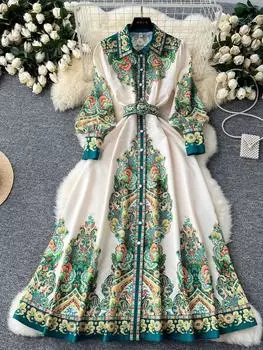 Винтажный цветочный принт зеленое вечернее платье женское отложной воротник длинный рукав-фонарик пуговицы пояс бохо халат Vestidos S бежевый
