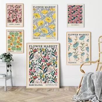 Винтажный цветочный рынок Парижский плакат Эстетические растения Абстракция Скандинавское настенное искусство Печать на холсте Картины Украшения для дома 21x30cm No Framed