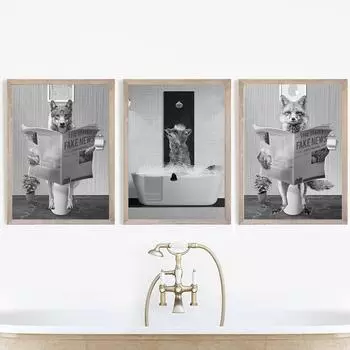 Винтажный деревенский стиль бани постер лиса в ванной туалет животное ванная комната настенные художественные картины черно-белые смешные картины на холсте декор 21x30cm No Framed