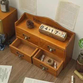 Винтажный деревянный ящик для хранения, выдвижной ящик, настольный ювелирный ящик с 4 решетками, шкатулка для сортировки средств по уходу за кожей, чехол Zakka 35.8X22.6X10CM светло-коричневого