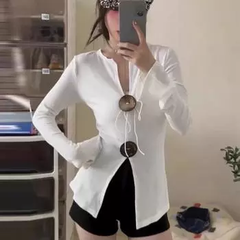 Винтажный дизайн, чувство шнуровки, кнопки, V-образный вырез, вязаный свитер, женский осенний сексуальный глубокий V-образный вырез, разрез на талии и тонкий темпераментный топ, модные свитера One size белый