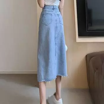 Винтажный дизайн, джинсовая юбка с открытой вилкой, женская летняя юбка с высокой талией M