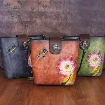 Винтажный дизайн Lotus Embossing Сумки через плечо из натуральной кожи Сумка через плечо для женщин Дамский кошелек GZW 16cm*19.5cm*8cm
