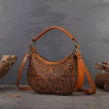Винтажный дизайн Натуральная кожа Женская сумка Тотем Тиснение Женские сумки Сумки через плечо Модная сумка через плечо 26.5cm*16cm*9.5cm коричневый