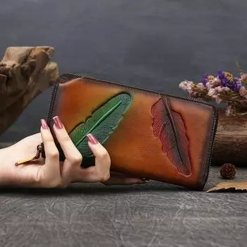 Винтажный дизайн перьев тиснение сумки для женщин натуральная кожа молния кошелек модные телефон сумки кошельки 19.5cm*10cm*2.5cm зелёный