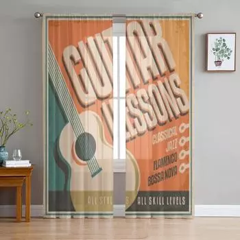 Винтажный дизайн плаката для уроков игры на гитаре, прозрачные шторы для гостиной, тюлевая занавеска на окно, спальня, кухня, вуаль, шторы 135W x 114H(cm)