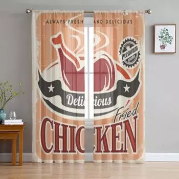 Винтажный дизайн плаката с жареной курицей, прозрачные шторы для гостиной, тюлевая занавеска на окно, спальня, кухня, вуаль, шторы 135W x 114H(cm)