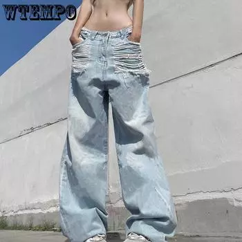 Винтажный дизайн Sense Street Personality Сплошной цвет с отверстиями Повседневные свободные прямые брюки с низкой талией Горячие джинсы для девочек Строчки Узкие крутые джинсы для девочек S синий