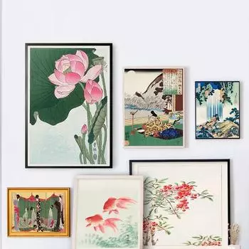 Винтажный древний пейзаж Печать холст Картина Лотос Птицы Плакат Японское настенное искусство Домашний коридор Гостиная Украшения 21x30cm No Frame