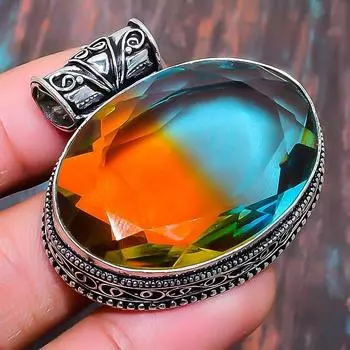 Винтажный двухцветный турмалиновый драгоценный камень ручной работы 925 пробы Серебряный кулон на День Благодарения 1.58 Inches оранжевый