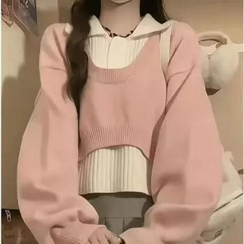 Винтажный двухсекционный свитер женский японский осенне-зимний свитер с лацканами и длинными рукавами в стиле преппи вязаный однотонный топ S синий