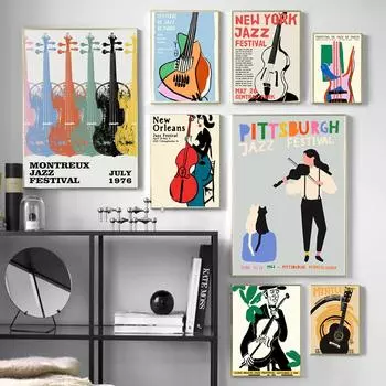 Винтажный джазовый фестиваль, музыкальный постер, мультяшная гитара, скрипка, картина маслом, принт, бар, клуб, гостиная, домашняя стена 21cm30cm NoFrame