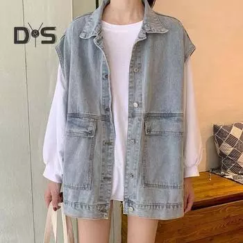 Винтажный джинсовый жилет без рукавов с лацканами и широкими плечами, женский весенне-осенний однобортный однобортный кардиган с карманами и карманами, повседневный кардиган, жилет, топы S синий