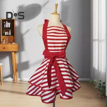 Винтажный фартук для женщин, кухня, готовка, выпечка, барбекю, гриль, полосы, закрывающие грудь до колена, регулируемый шейный фартук в полоску в горошек, ретро-фартук ко Дню матери черный белый