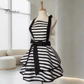Винтажный фартук для женщин, кухня, готовка, выпечка, барбекю, гриль, полосы, закрывающие грудь до колена, регулируемый шейный фартук в полоску в горошек, ретро-фартук ко Дню матери черный белый