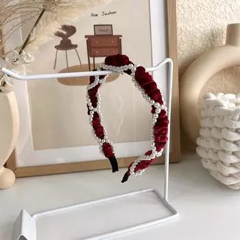 Винтажный французский красный бархатный ободок для волос с жемчужным бантом для женщин, девушек, милый темперамент, обруч для волос, новогодний ободок, головной убор