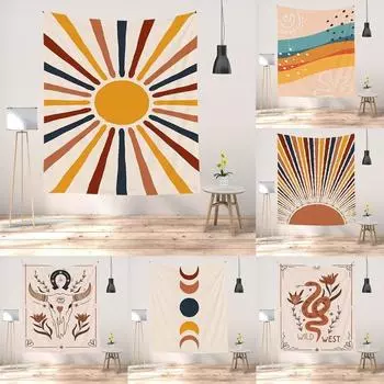 Винтажный гобелен с изображением солнца и луны в стиле ретро 70-х годов, радуги, восхода и заката, абстрактный настенный гобелен в стиле бохо, хиппи, медитация, богемный декор Tapiz 200x150cm