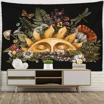 Винтажный гобелен с изображением солнца и растений, настенный гобелен, психоделический, колдовской, хиппи, искусство, общежитие, гостиная, домашний декор 95x70CM