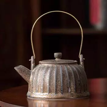 Винтажный грубый керамический чайник, японский керамический чайник, обожженный в печи, чайный сервиз в стиле кунг-фу, домашний позолоченный железный горшок с ржавой глазурью