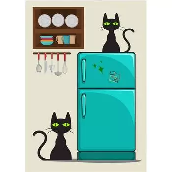 Винтажный холодильник с черным котом, ретро, середина века, настенное искусство, постер, французский кофейный арт-принт, постер, картина на холсте, декор для кухни 21cm30cm NoFrame