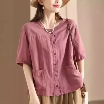 Винтажный художественный хлопковый льняной кардиган, летний, с карманами, женский, повседневный, в этническом стиле, с короткими рукавами, элегантный XXXL белый