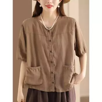 Винтажный художественный хлопковый льняной кардиган, летний, с карманами, женский, повседневный, в этническом стиле, с короткими рукавами, элегантный S розовый