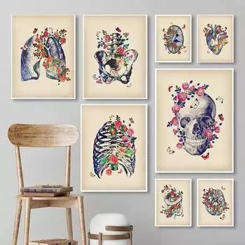 Винтажный художественный принт плакат, абстрактная анатомия человека, череп, легкие, мозг, сердце, настенная живопись на холсте, фотографии для декора медицинской клиники A4 21x30cm No Frame