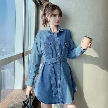 Винтажный и стильный дизайн джинсового платья-рубашки для женщин на весну и осень S