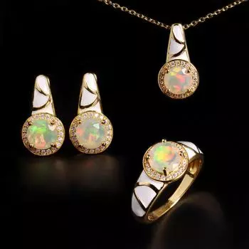 Винтажный изысканный дизайн Натуральный опал Кольцо Серьги Ожерелье Комплект Серебряные 925 Изящные ювелирные украшения для женщин Подарки на юбилей и банкет US RING SIZE:6# жёлтый