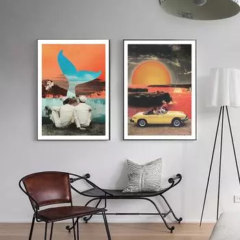 Винтажный кабриолет, автомобиль, холст, фотографии, закат, гора, принт, картина, рыбий хвост, озеро, настенные художественные постеры, современный домашний декор для спальни 21cm30cm NoFrame