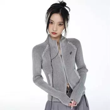 Винтажный кардиган на молнии, женский кардиган с вышивкой Y2k, эстетический свитер в стиле гранж, куртки, женские тонкие вязаные пальто в стиле Харадзюку S серый