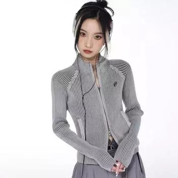 Винтажный кардиган на молнии, женский кардиган с вышивкой Y2K, эстетический свитер в стиле гранж, женские тонкие вязаные пальто Femme S серый