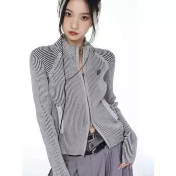 Винтажный кардиган на молнии, женский кардиган с вышивкой Y2k, эстетический свитер в стиле гранж, куртки, женские тонкие вязаные пальто в стиле Харадзюку, Femme S серый